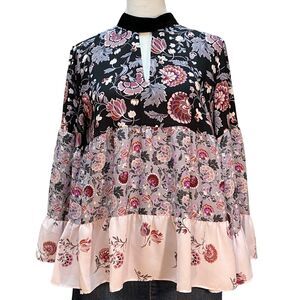 Loft Womens XS Black Pink Floral Baby Doll Long Ruffle Sleeve Top Velvet Collar